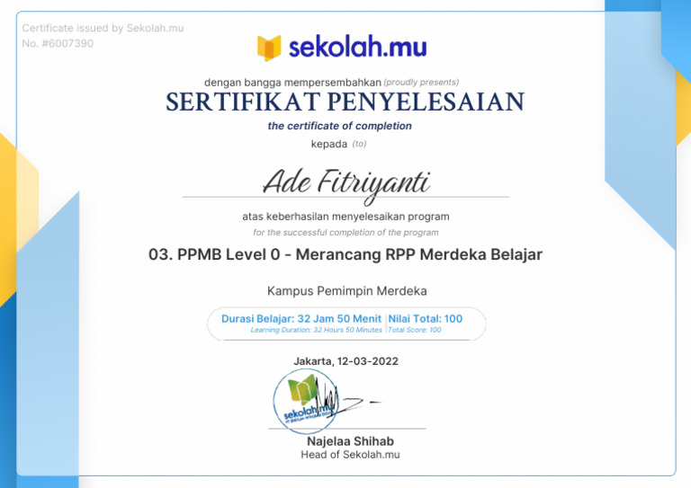 Sertifikat Penyelesaian PPMB Level 0 | PDF