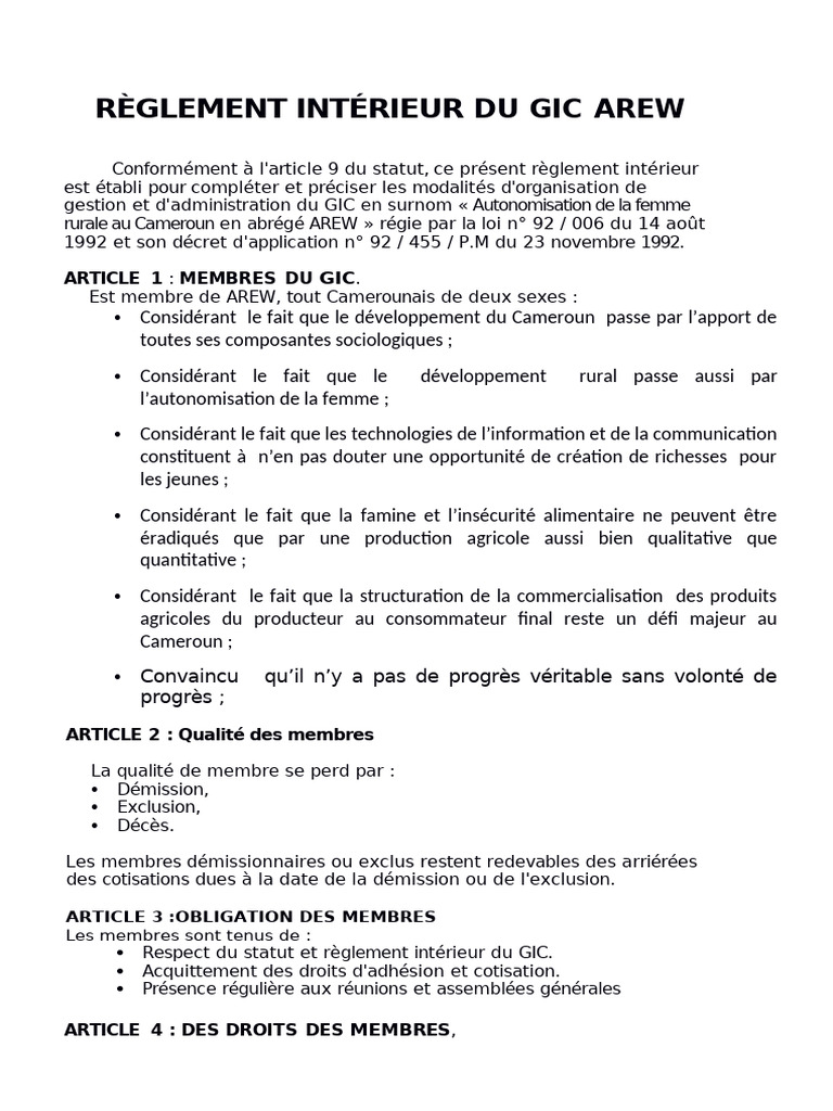 Règlement Intérieur du GIC AREW | PDF