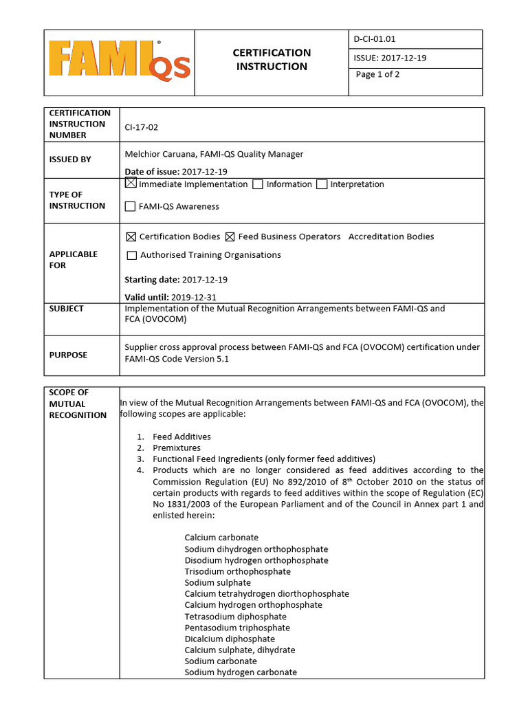 FAMI-QS and FCA Mutual Recognition Guide | PDF | Chemistry | Chemical ...