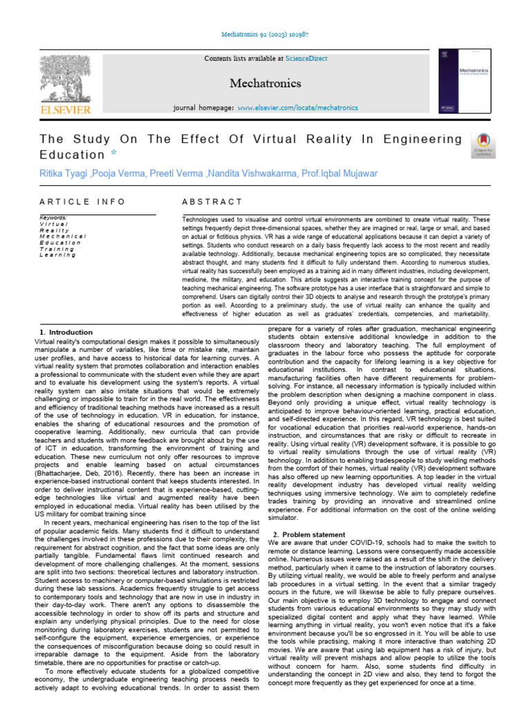 Virtual Reality in Engineering Education | PDF | Virtual Reality | Reality