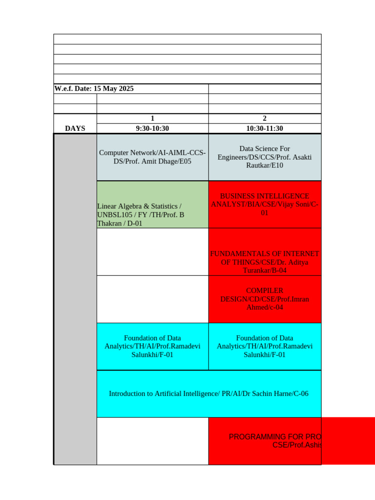 Summer Term 2025 Time Table Dic It Ai Etc Etrx Cse Ee | PDF ...