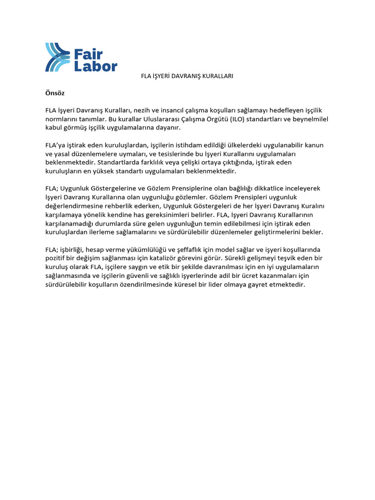 Turkish - FLA Agriculture Code of Conduct | PDF