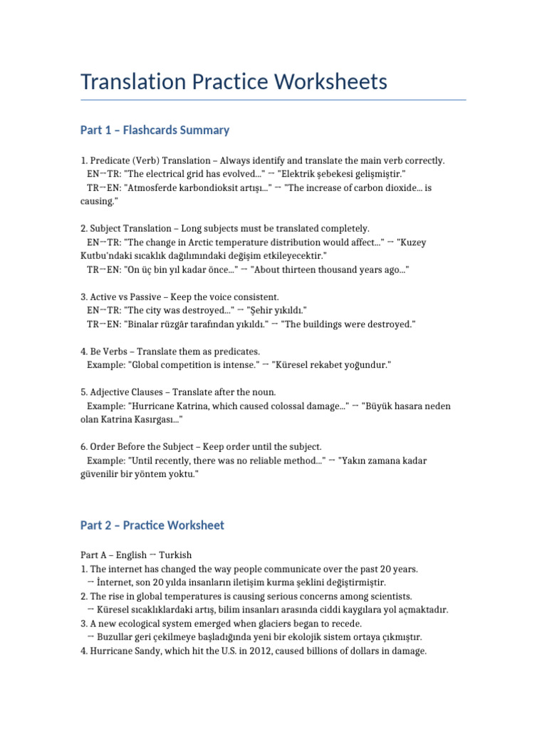 Translation Practice Worksheet | PDF