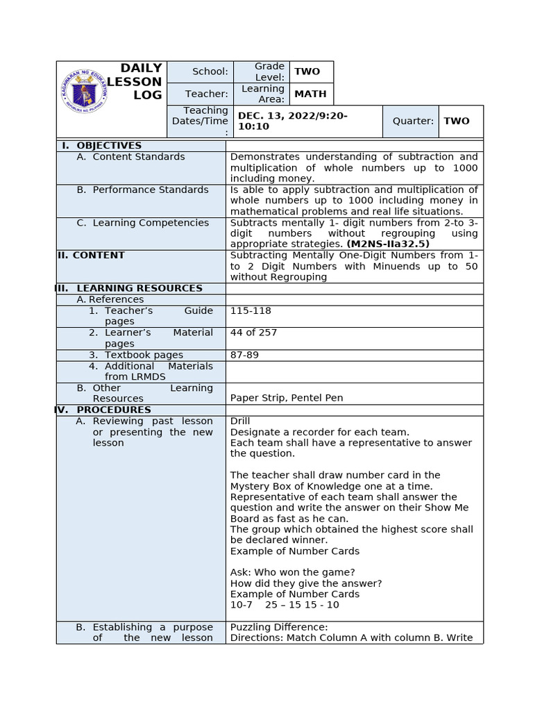 Detailed Lesson Plan For Math Subject | PDF | Learning | Teachers