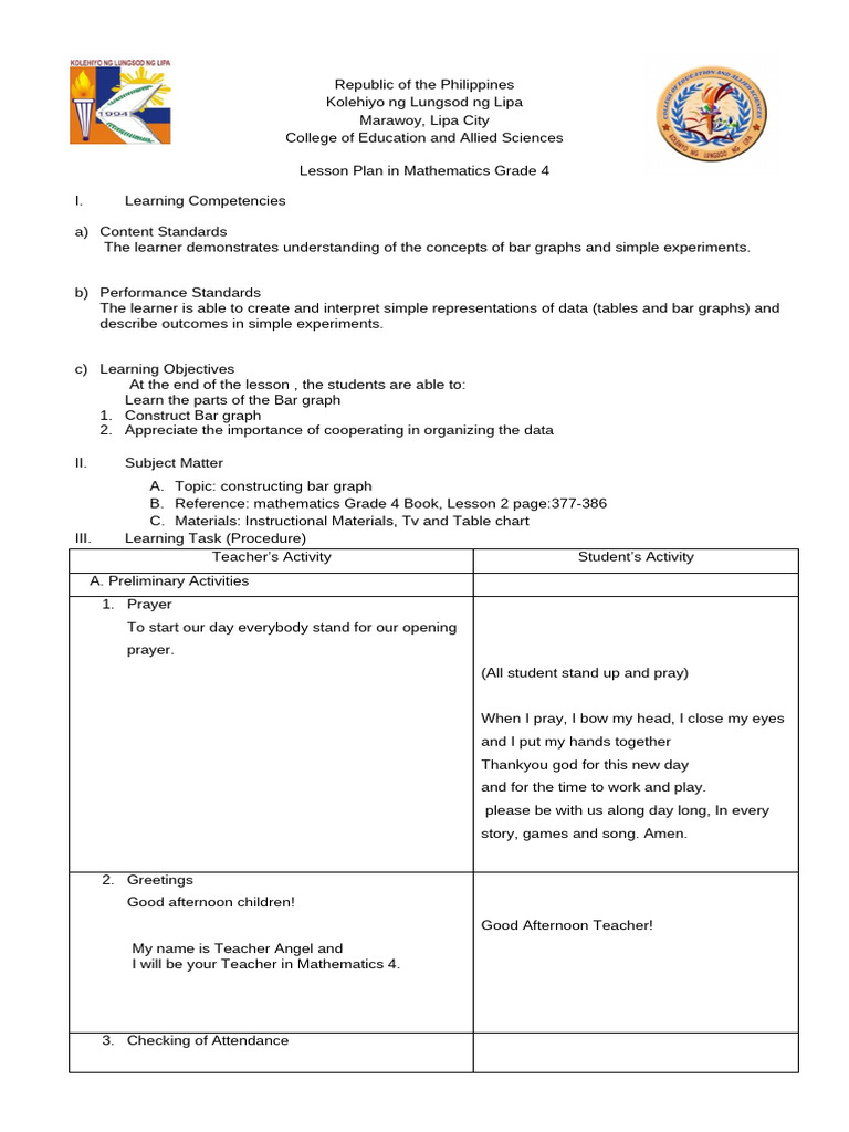 Grade 4 Math Lesson: Bar Graphs | PDF | Lesson Plan | Cartesian ...