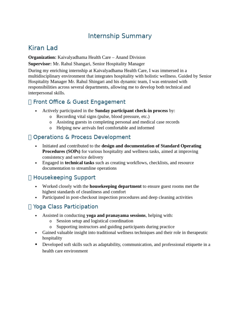 Internship Experience in Wellness Hospitality | PDF