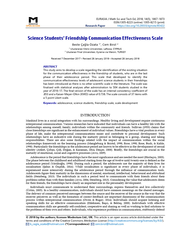 Friendship Communication Scale for Students | PDF | Factor Analysis ...