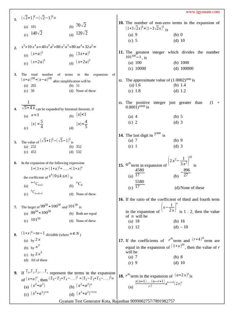 Binomial QN Worksheet 1 | PDF | Square Root | Discrete Mathematics