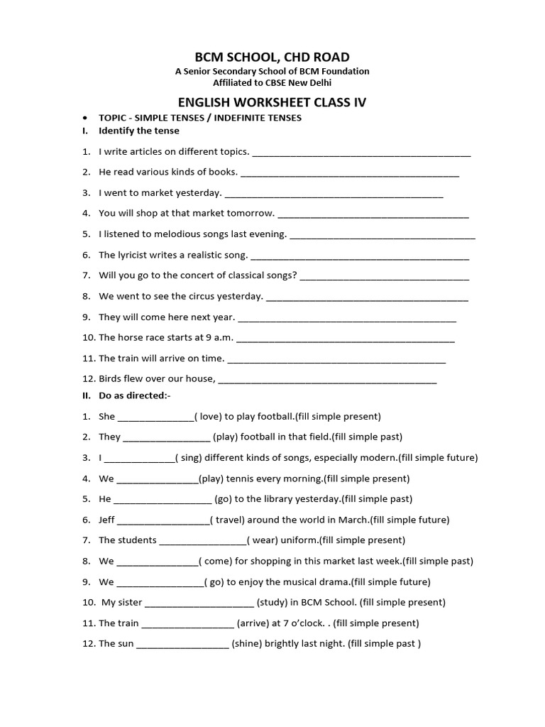 Class IV English Worksheet: Tenses & Adjectives | PDF | Chess Openings ...