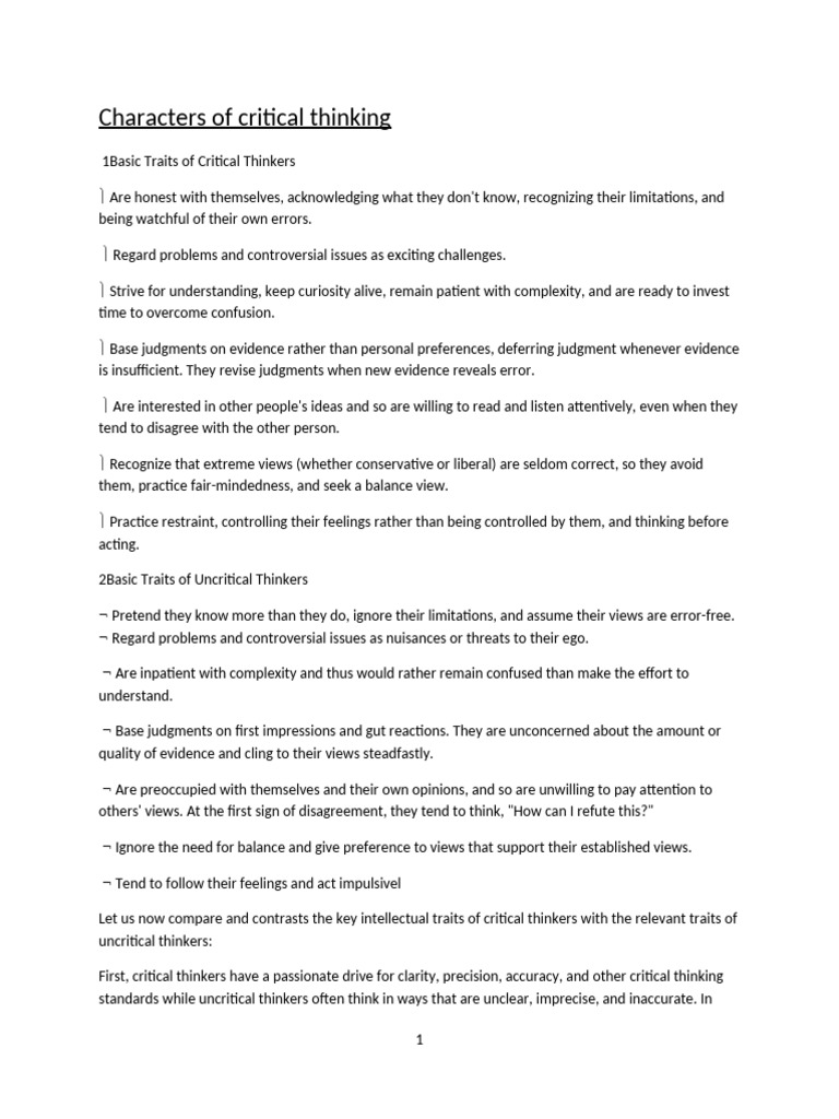 Traits of Critical vs. Uncritical Thinking | PDF | Relativism ...