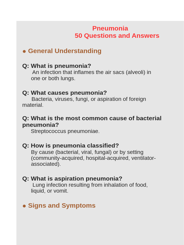 Pneumonia: 50 FAQs on Causes, Symptoms, and Treatment | PDF | Pneumonia ...