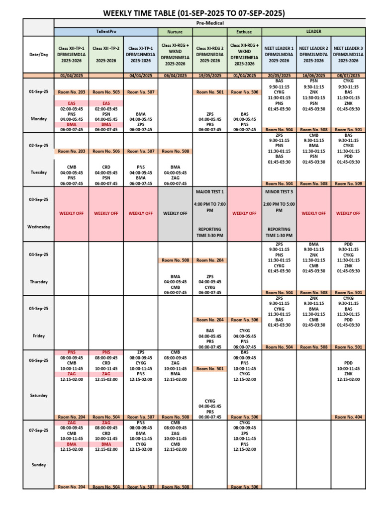 Neet Time Table 1 Sep To 7 Sep | PDF