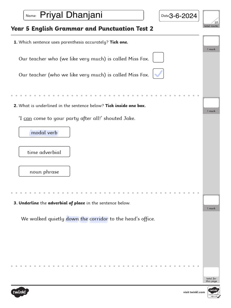 YEAR 5 TITLE - English Grammar and Punctuation Test 2 | PDF | English ...