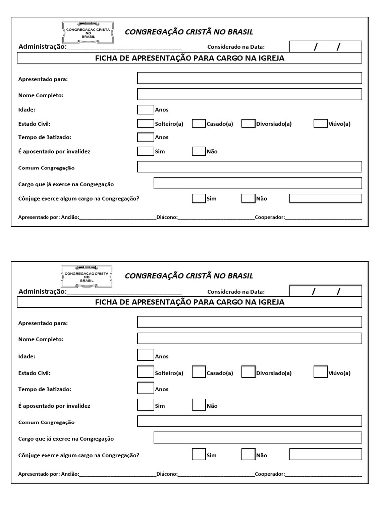 Ficha de Apresentação para Cargo Religioso | PDF