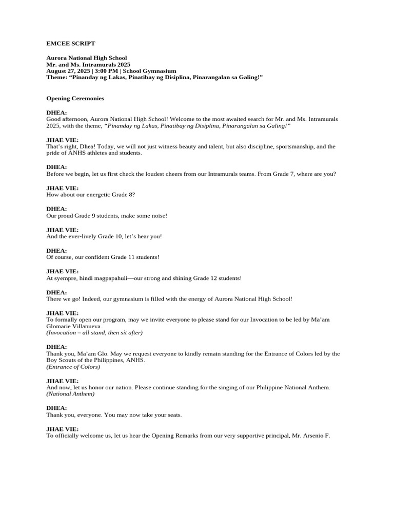 Emcee Script for ANHS Intramurals 2025 | PDF