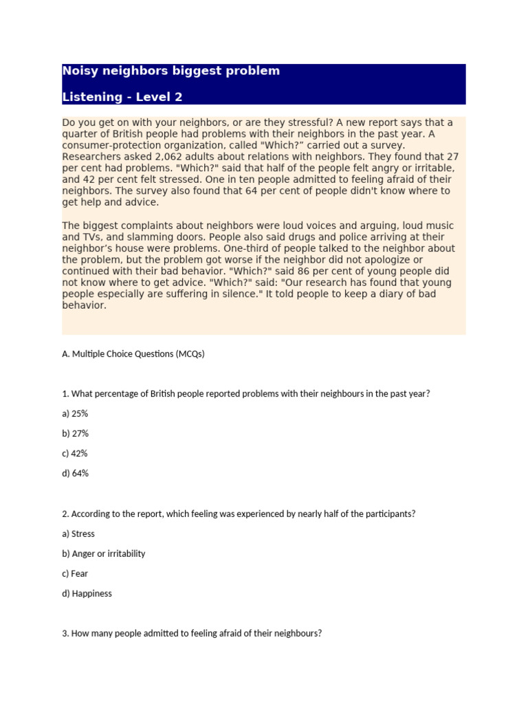 Noisy Neighbors Survey Insights | PDF