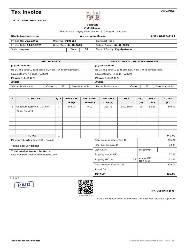 VedaOils Invoice VO/103467 Details | PDF | Economy Of India | Taxation