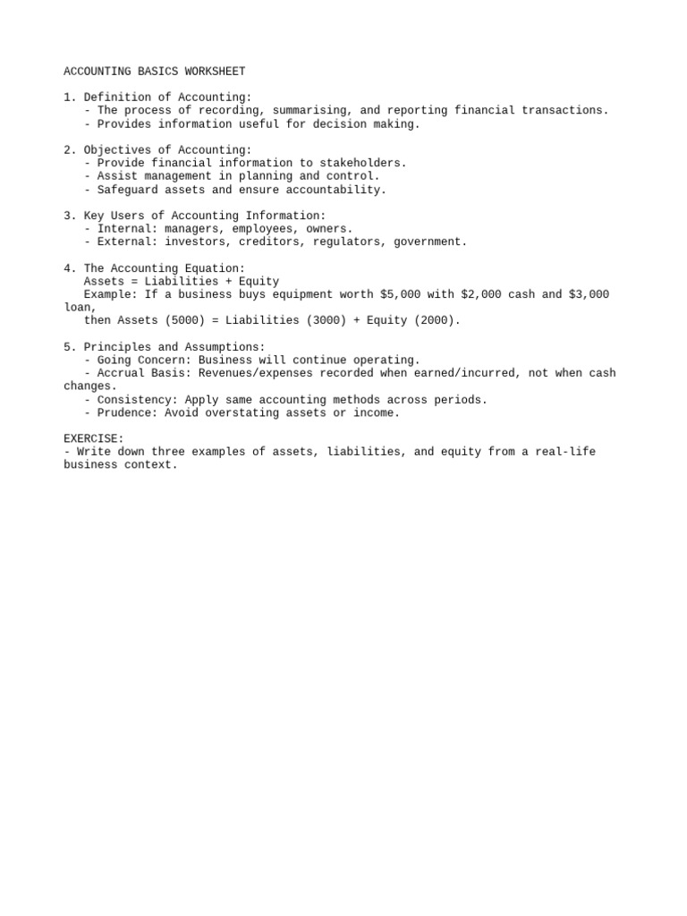 Worksheet 1 Accounting Basics | PDF