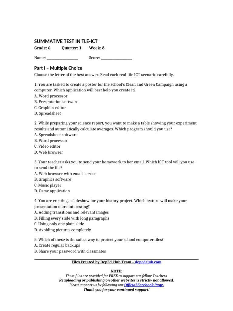 Grade 6 TLE-ICT Summative Test | PDF | Computer Virus | Computer File