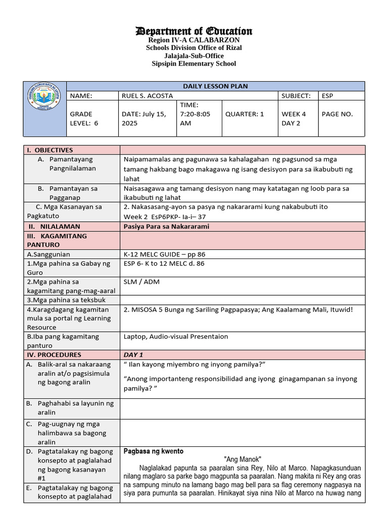 Dlp-Esp 6-Q1-Week 4 Day 2 | PDF