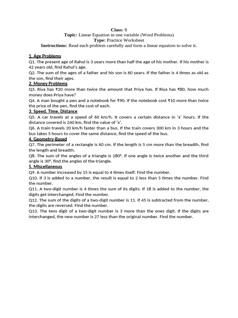 Class 8 Linear Equations Worksheet | PDF