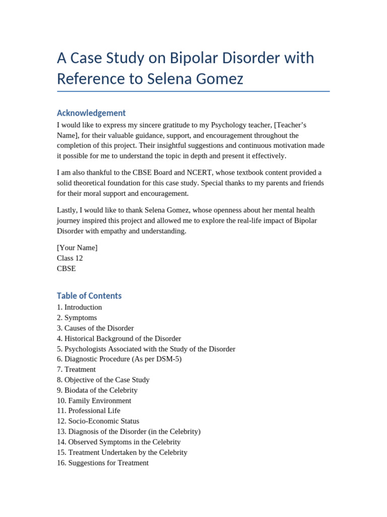Detailed Psychology Project Selena Gomez | PDF | Bipolar Disorder ...