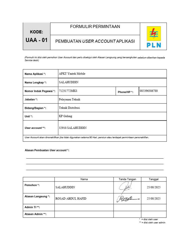 Formulir Permintaan Akun User APKT | PDF