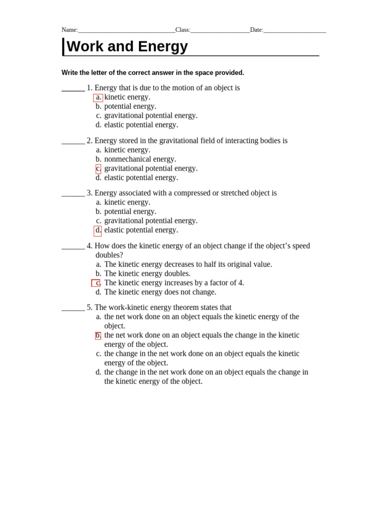 Work and Energy: Write The Letter of The Correct Answer in The Space ...