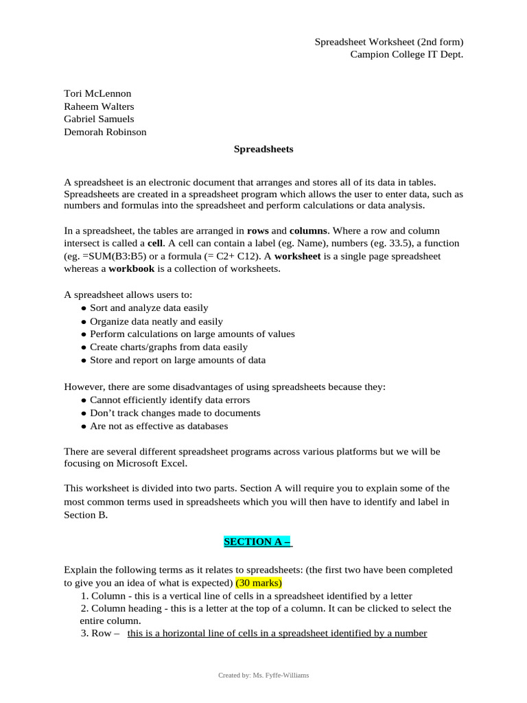 Spreadsheet Basics and Functions Guide | PDF | Spreadsheet | Microsoft ...