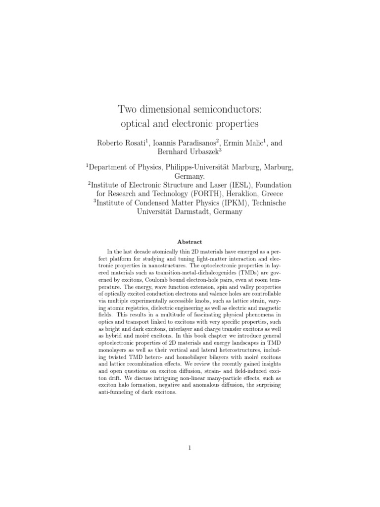 Two Dimensional Semiconductors: Optical and Electronic Properties | PDF ...