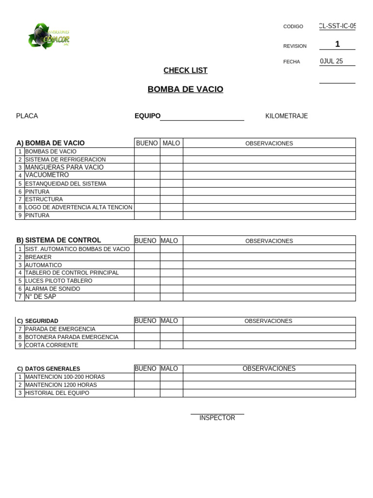 Checklist de Inspección de Bomba de Vacío | PDF