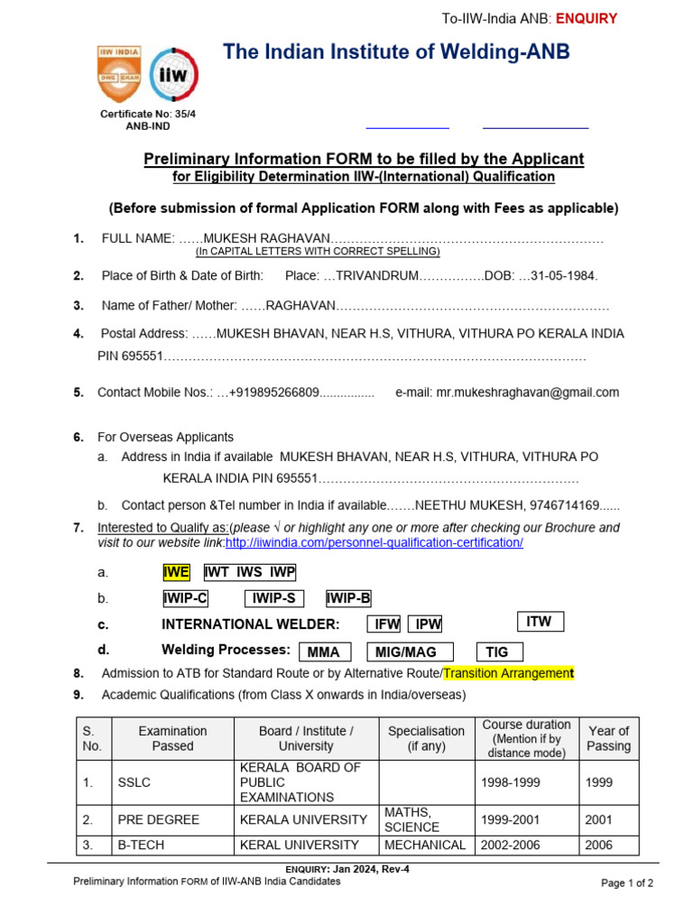 IIW-ANB India Candidate Info Form | PDF | Mechanical Engineering | Joining