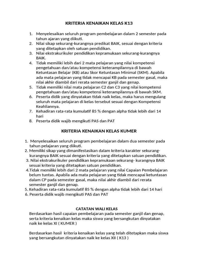 Kriteria Kenaikan Kelas K13 dan KUMER | PDF