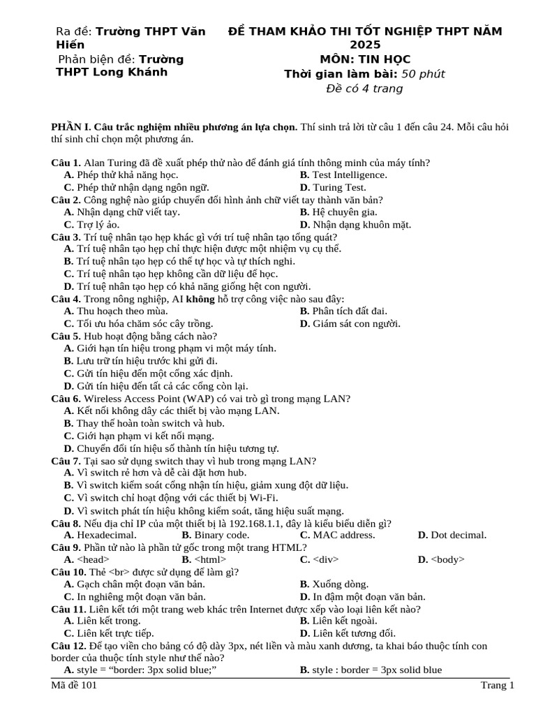De Tham Khảo Môn Tin - de1 | PDF