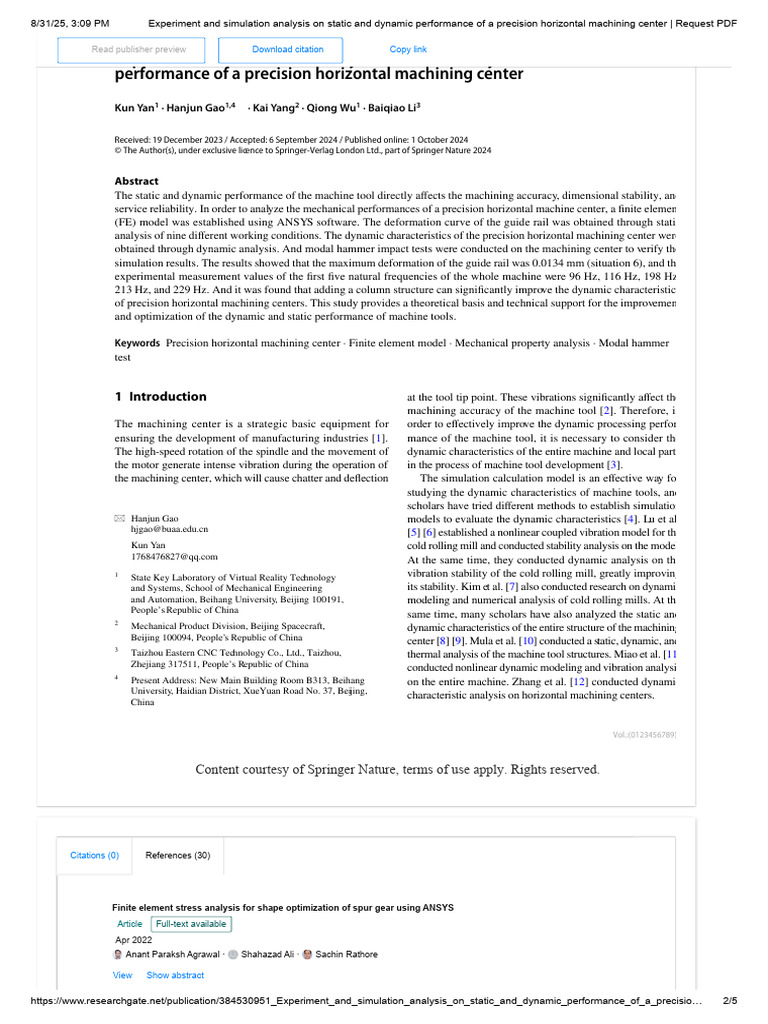 Experiment and Simulation Analysis On Static and Dynamic Performance of ...