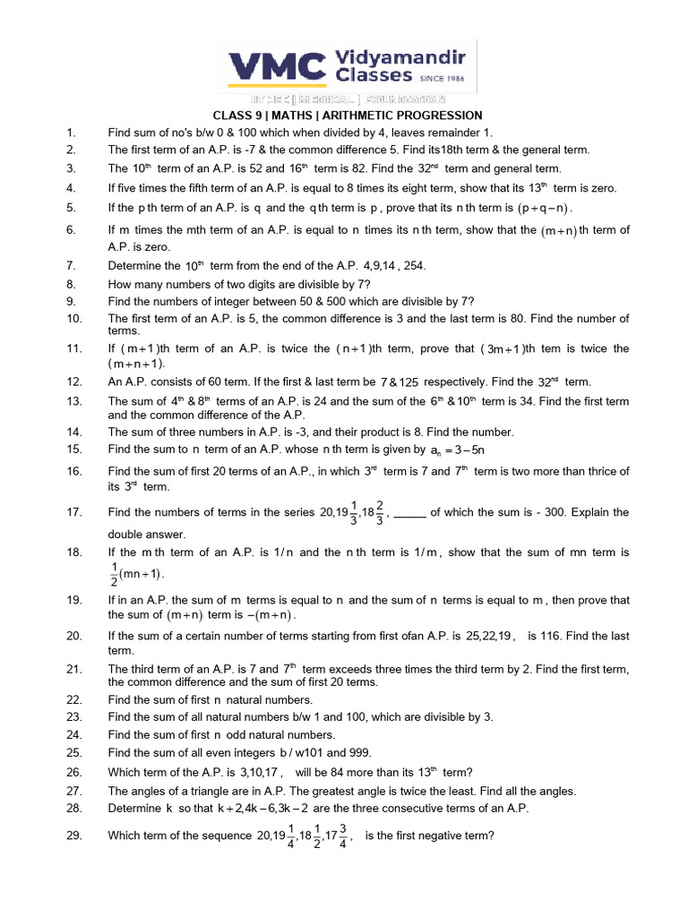 9 Maths Arithmetic Progression VMC | PDF | Elementary Mathematics ...
