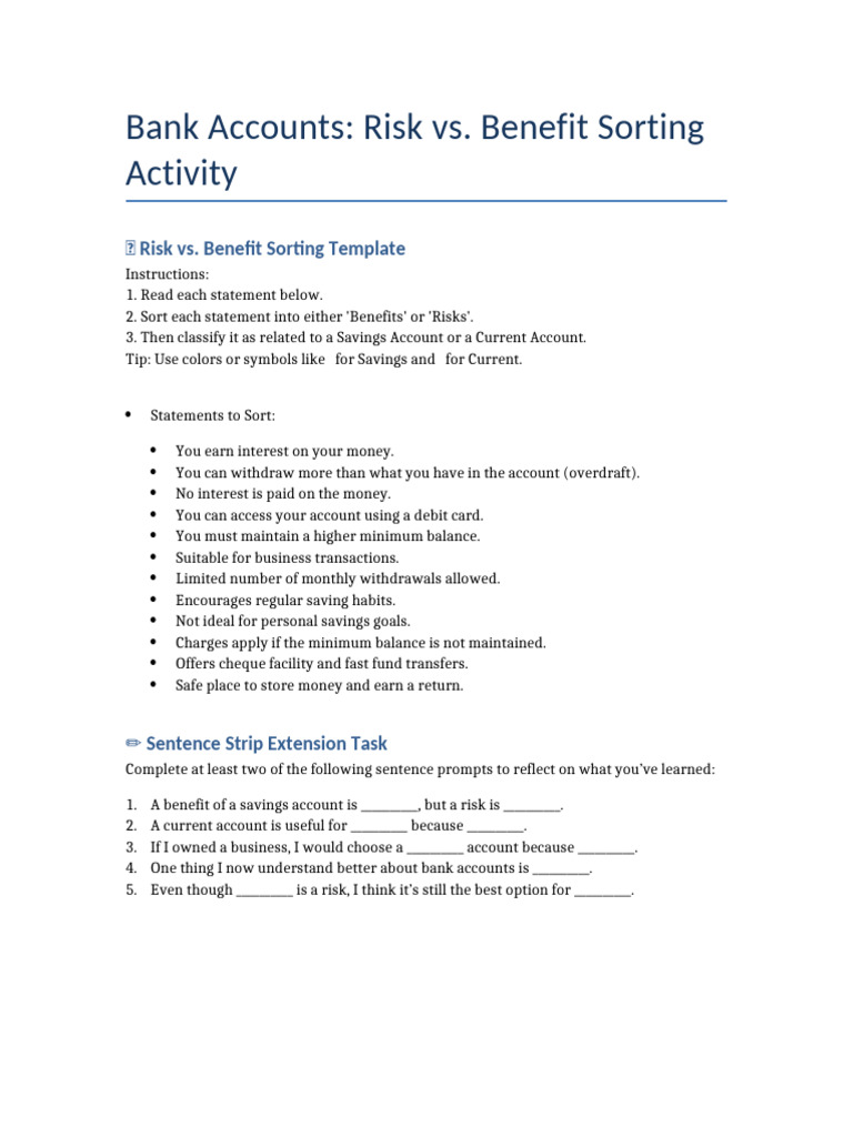 Bank Accounts Risks Benefits Lesson | PDF
