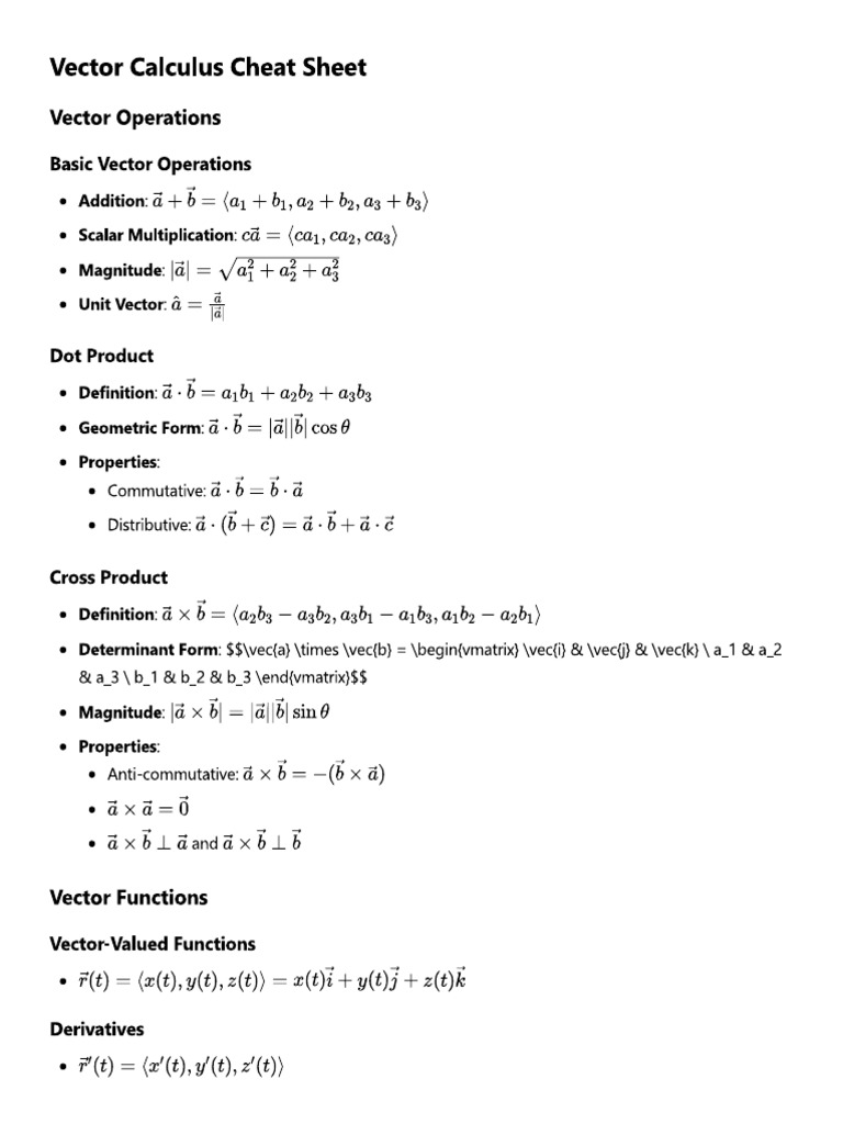 Vector Calculus Cheat Sheet | PDF