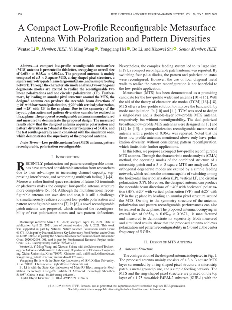 A Compact Low-Profile Reconfigurable Metasurface Antenna With ...