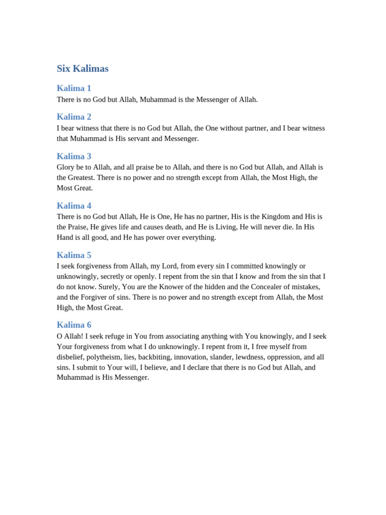 Six Kalimas with English Translation | PDF