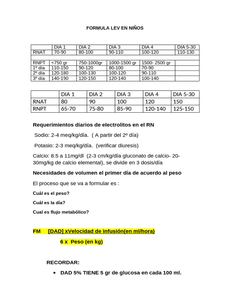 Fórmula LEV en Pediatría | PDF