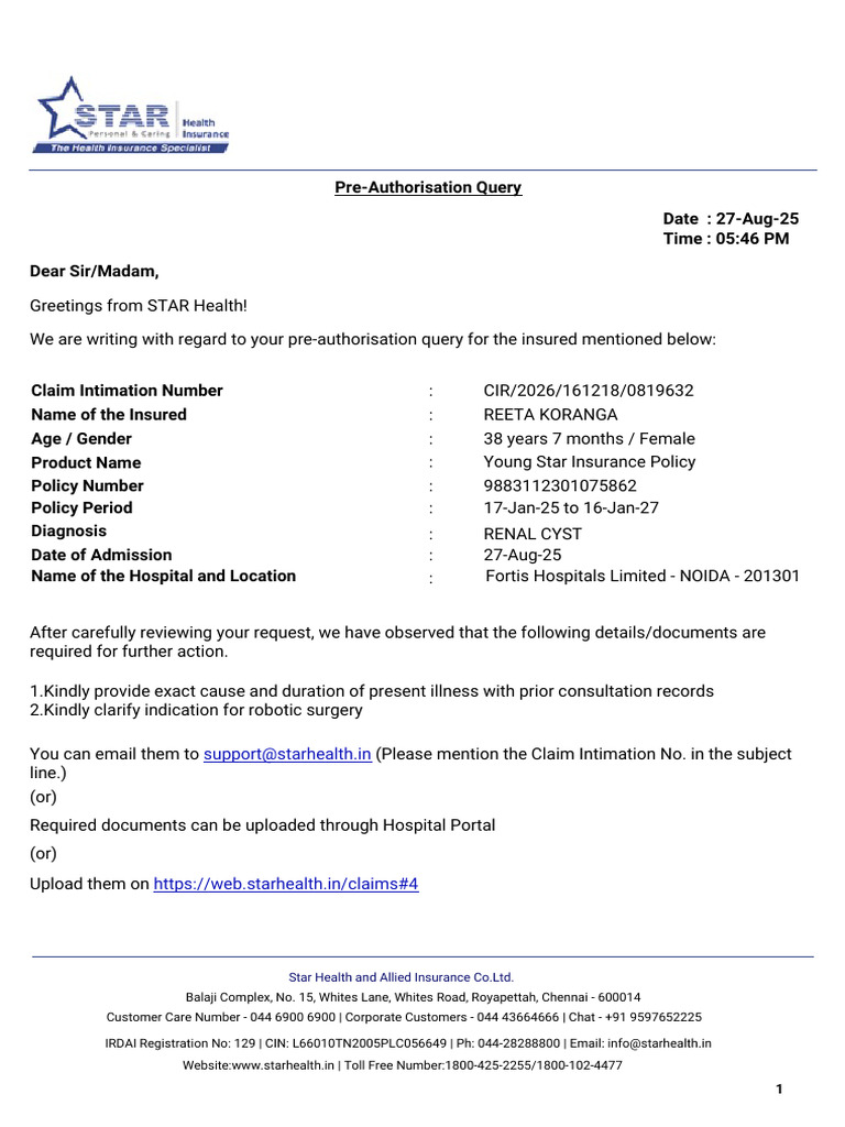 Pre-Authorization Query for Insurance Claim | PDF