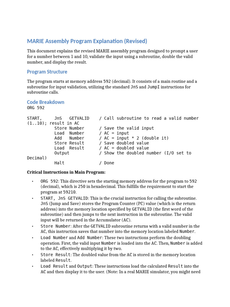 MARIE Assembly Program: Double Input | PDF | Input/Output | Computer ...