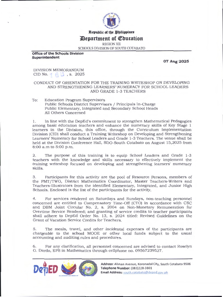 Orientation for Numeracy Training Writeshop | PDF