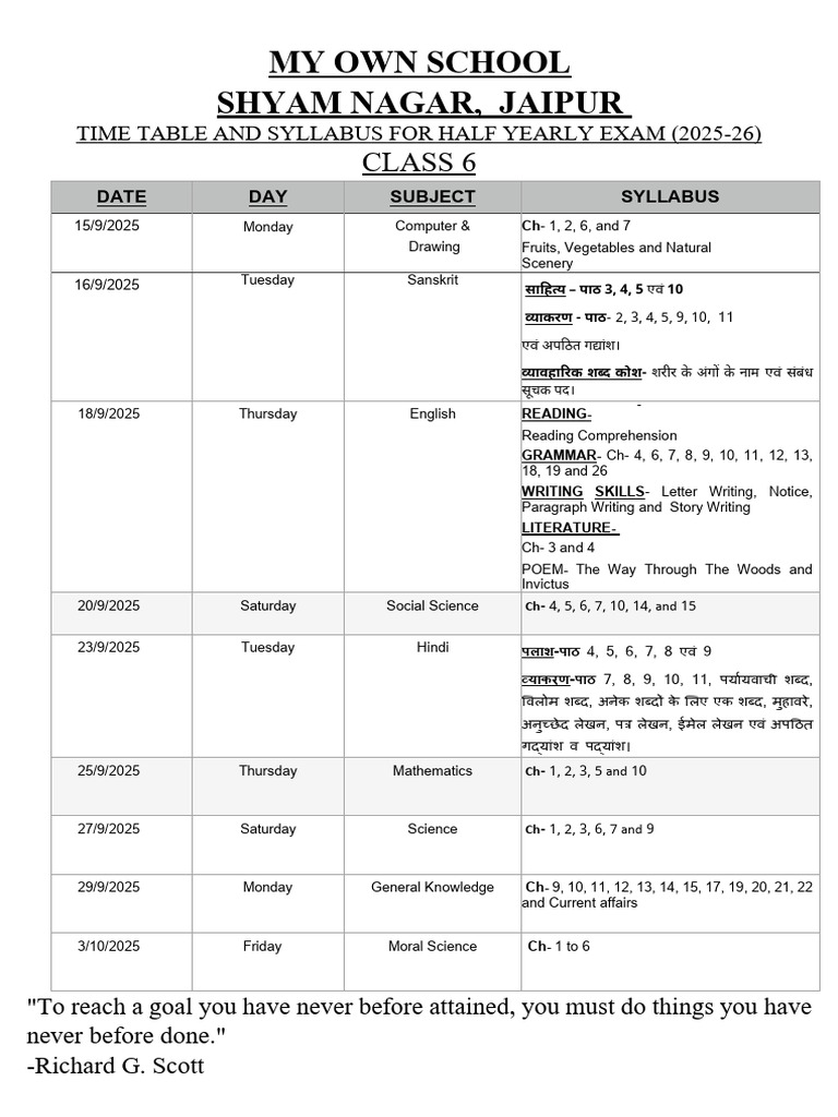 Class 6 Half Yearly Exam Schedule 2025 | PDF