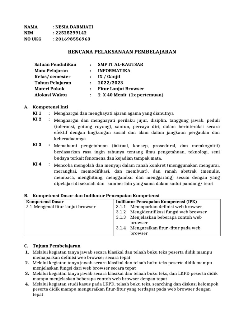 RPP Informatika: Fitur Browser SMP IX | PDF