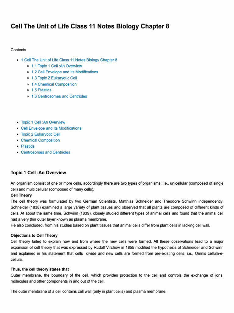 Class 11 Cell Biology Notes Summary | PDF | Cell Membrane | Endoplasmic ...