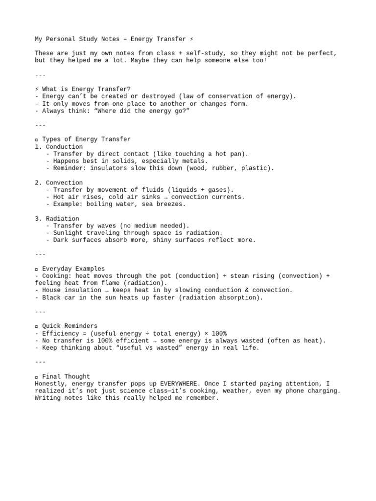 Energy Transfer Study Notes Guide | PDF