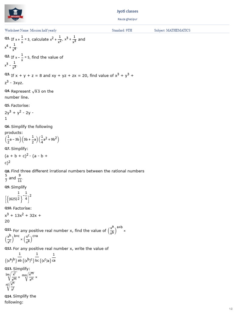 Mission Half yearly-9TH-MATHEMATICS | PDF