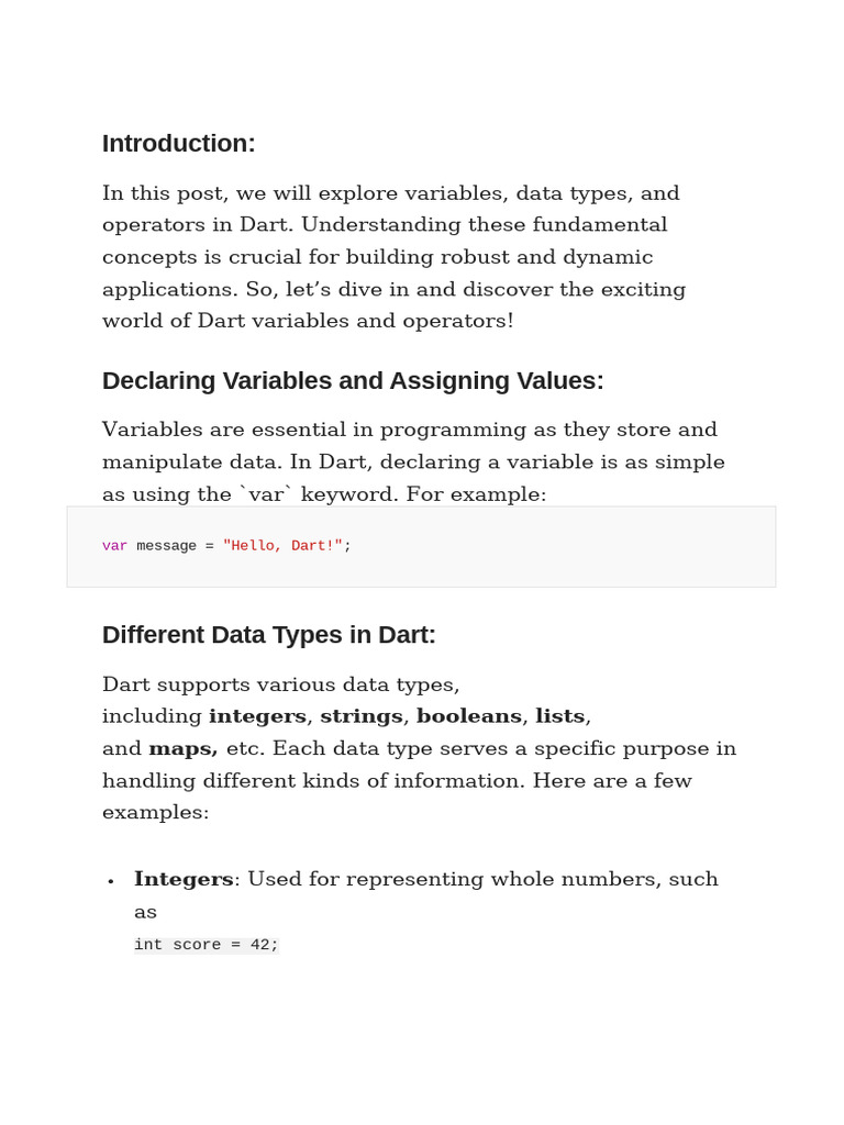 Dart Variables and Data Types Guide | PDF | Boolean Data Type | Data Type